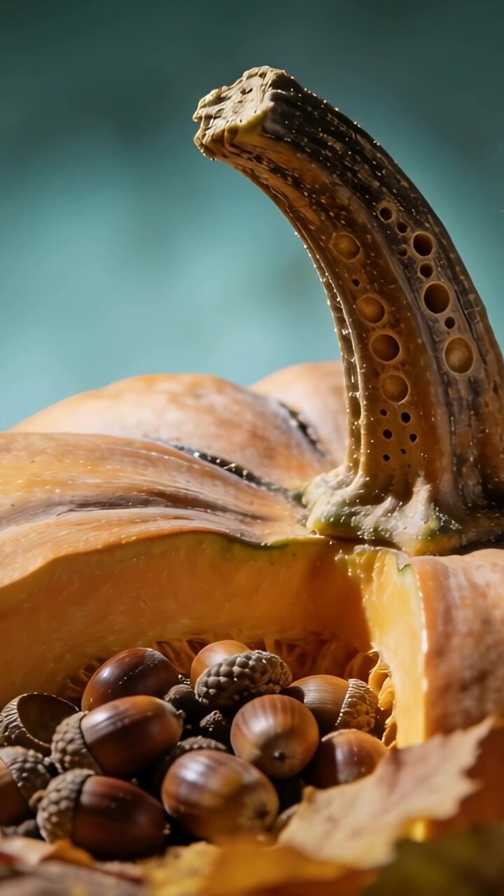 Vertical video: Breeze sending maple leaf into halved pumpkin, focus shifting to acorns and stem