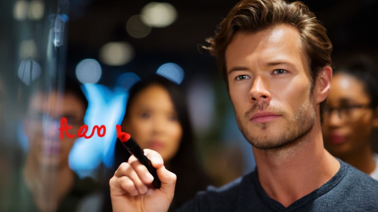 A focused male presenter engages a captivated audience while writing on a transparent surface, teaching and sharing knowledge in a dynamic setting that encourages interaction and collaborative learning