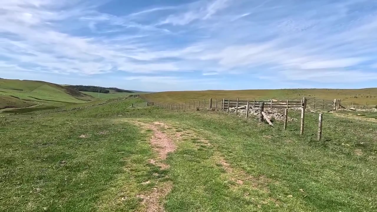 Trilha para caminhada atravessando uma paisagem campestre verdejante com cerca de madeira e campos abertos, perto das Falésias Seven Sisters em East Sussex, Inglaterra, sob um céu azul