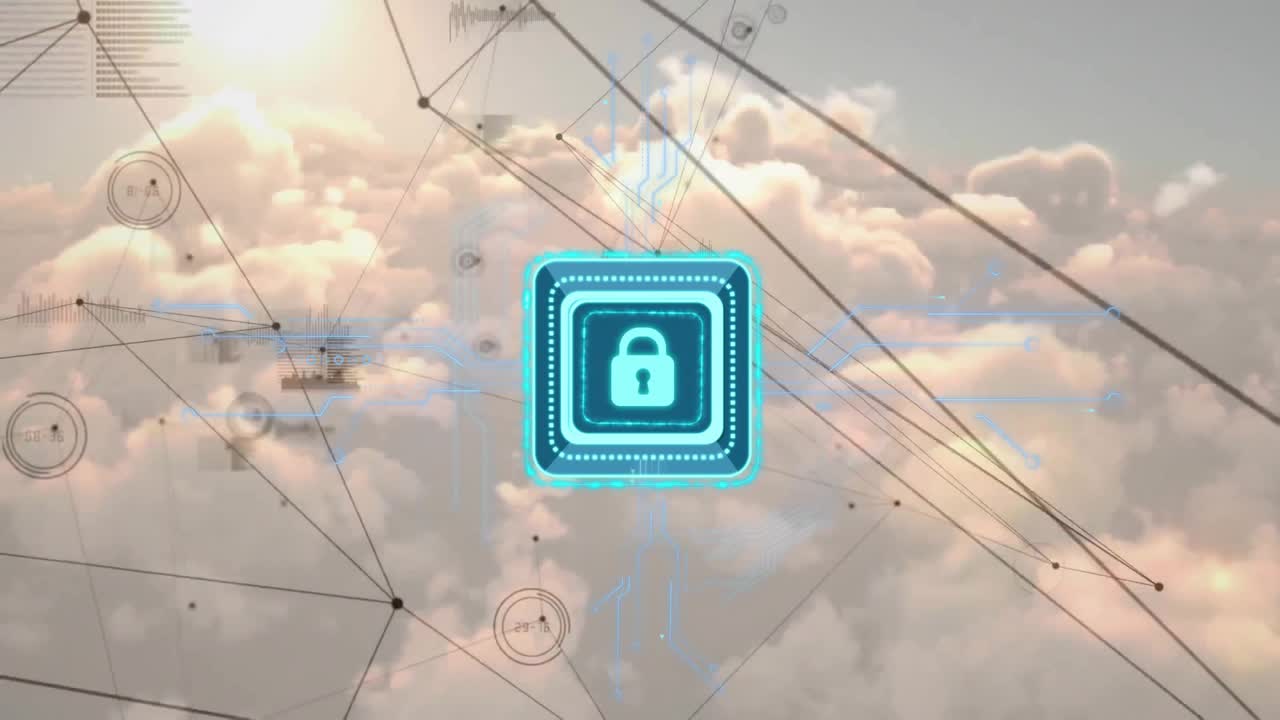 Animazione di lucchetto digitale su una rete di connessioni.