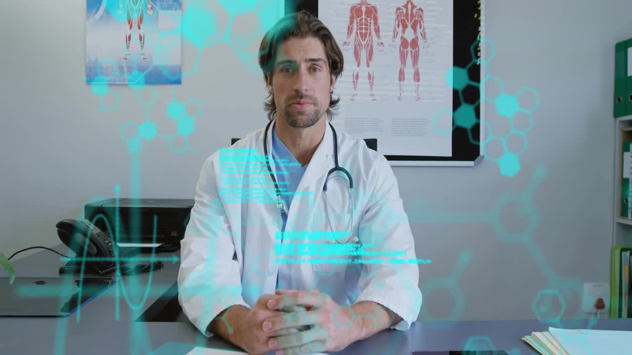 Un medico che avvia un overlay molecolare olografico mentre presenta un discorso medico durante una consultazione.