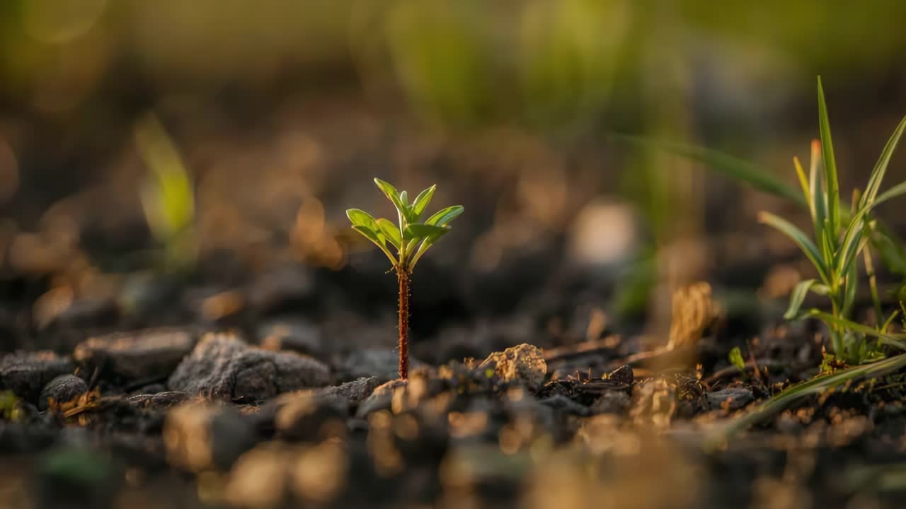 Un germoglio spunta dal terreno, simboleggiando una nuova vita e la crescita nella natura