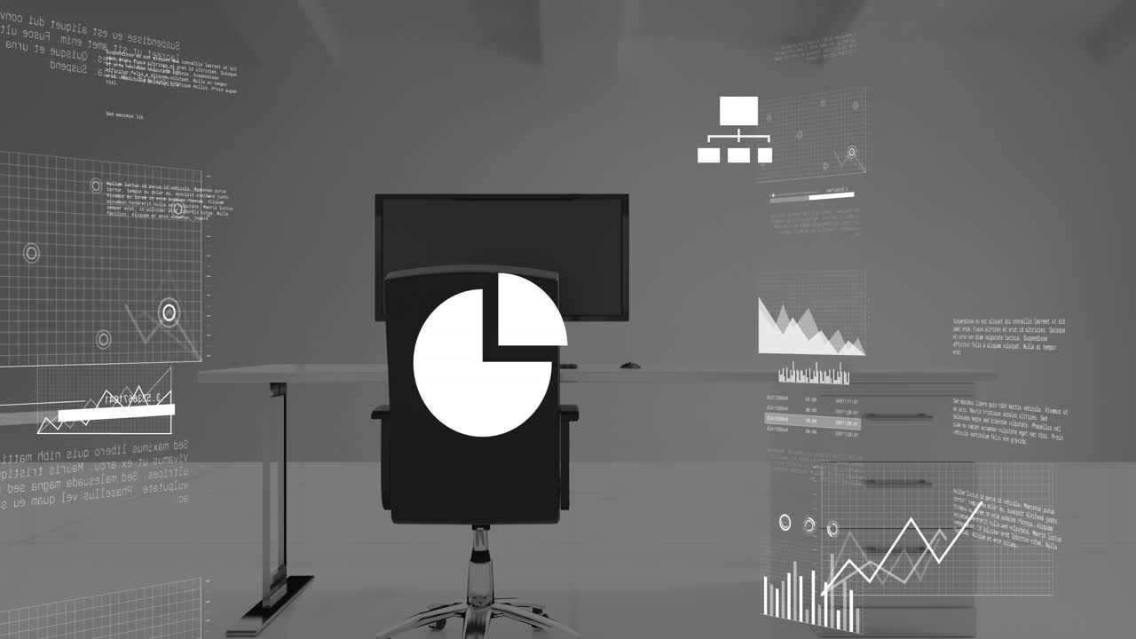 Animation of network of connections with icons over office desk with computer