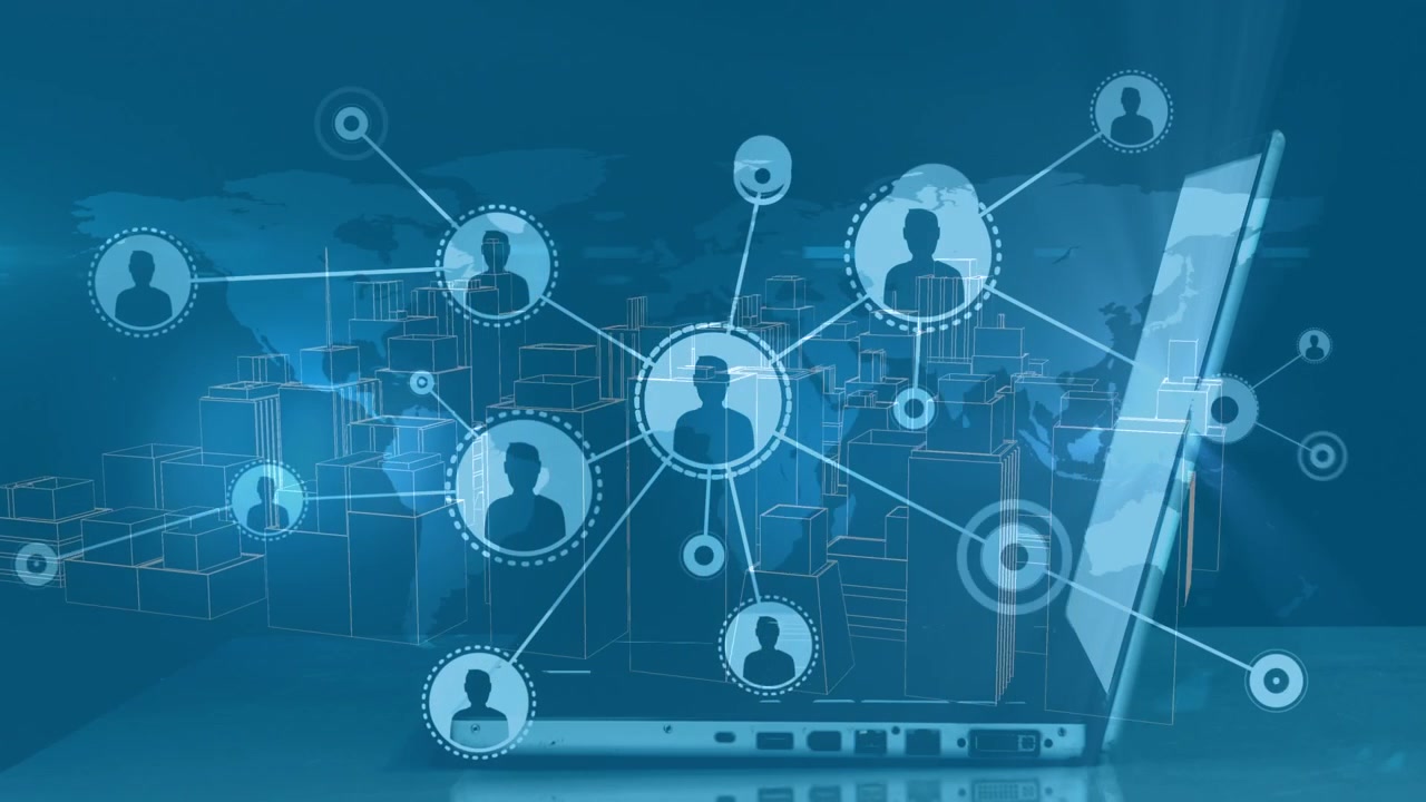 Profile icons connecting dots, world map, 3d urban city, caucasian businesswoman working on laptop