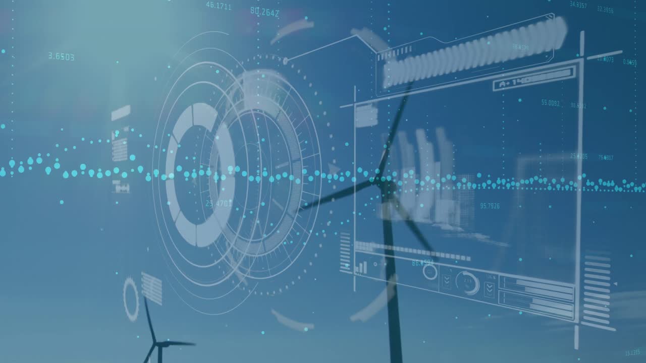 둥근 스캐너와 인터페이스의 애니메이션, 파란 하늘에 대한 회전하는 풍차에 대한 데이터 처리