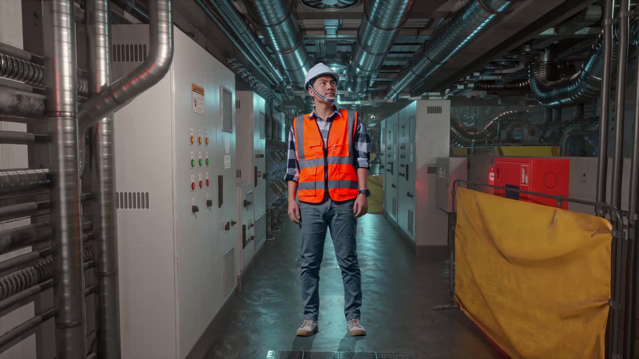 Full Body Of Asian Male Engineer With Safety Helmet Looking Around While Standing In Engine Control Room, Work Of Electrical Generators