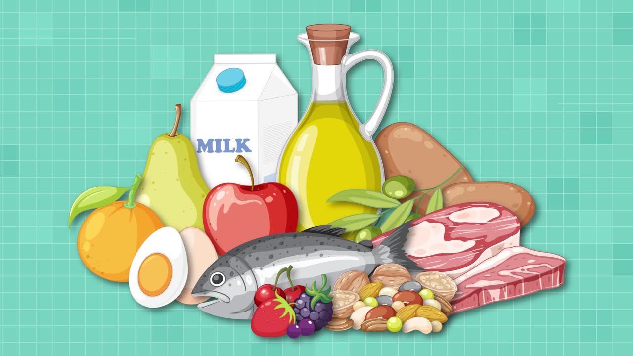 Various food groups animate into a central pile, with smooth transitions and flat vector style