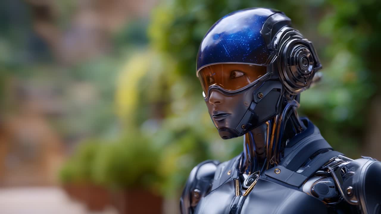 Futuristic Robot with a Cosmic Design: Exploring the Blend of Technology and Nature in a Lush Environment, Showcasing Advanced Robotics and Aesthetic Elegance
