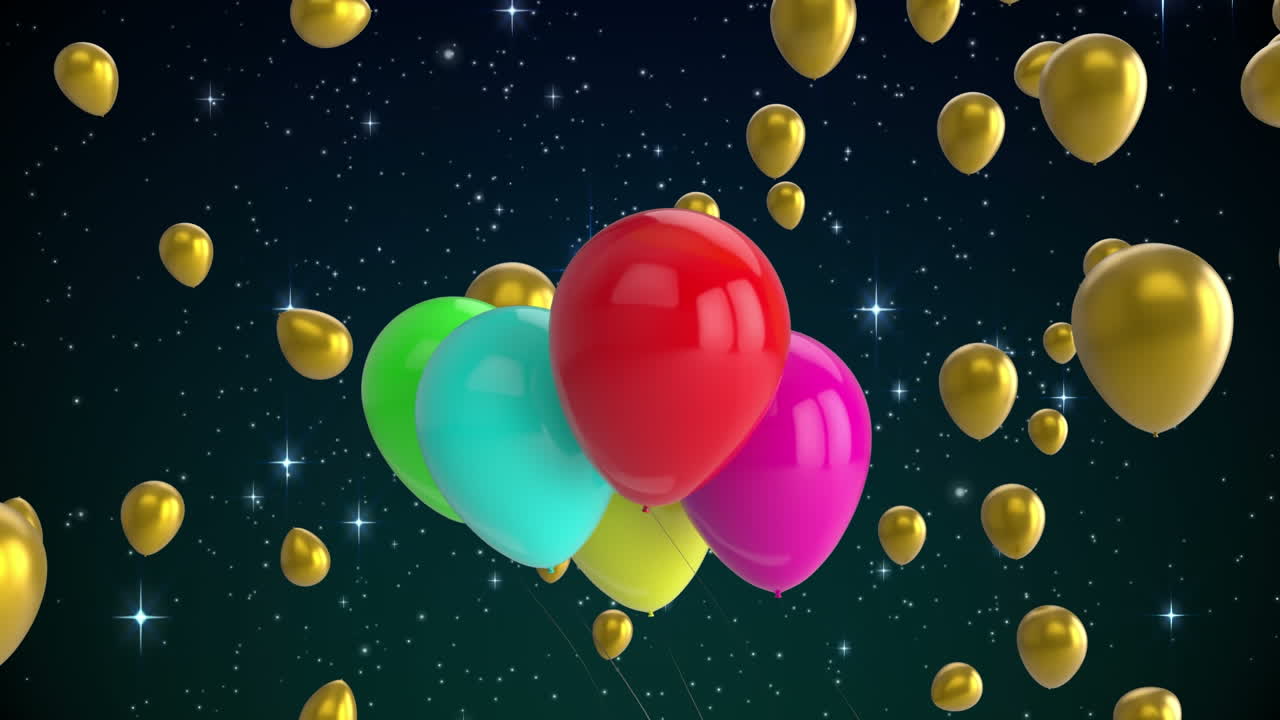 animación de globos y luces de colores volando sobre un fondo negro