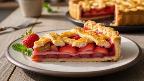 delicious strawberry rhubarb pie slice showcasing layers of sweetness and texture, perfect for any dessert table, inviting and fresh with a golden crust