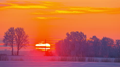 fiery-Sunburst-behind-clouds-and-trees-at-daybreak,-timelapse