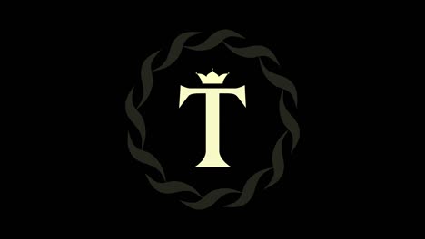 animación del diseño del logotipo. monograma de lujo. emblema redondo gira. letra mayúscula t. corona caída. cinta dibujada. plantilla de arte en movimiento.