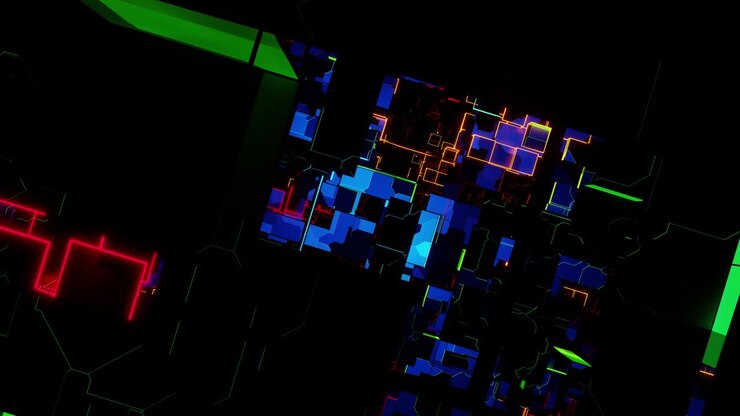 Flying through a space of shimmering neon cubes and rectangles.