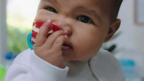 retrato de un bebé lindo con un chupete gracioso chupando a un muñeco en casa