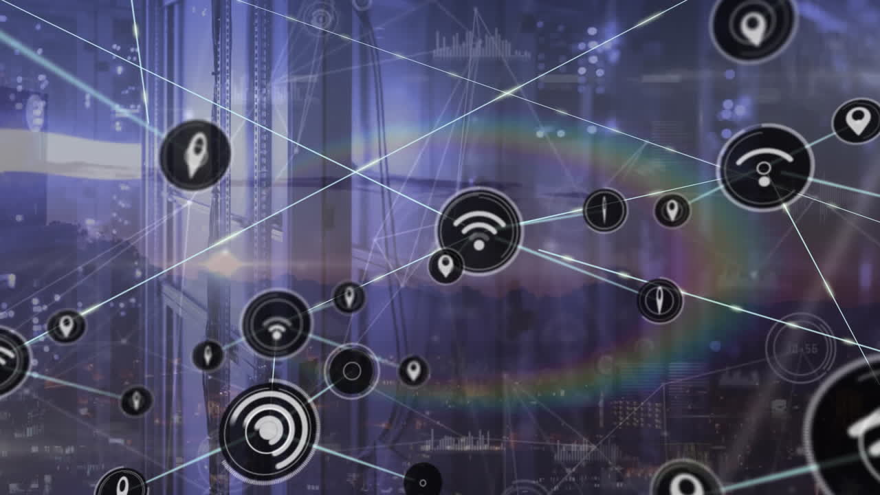 animación de la red de conexiones con iconos y procesamiento de datos a través de servidores informáticos
