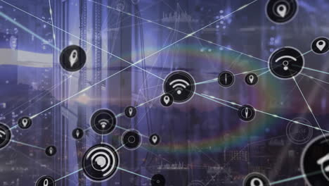 animación de la red de conexiones con iconos y procesamiento de datos a través de servidores informáticos