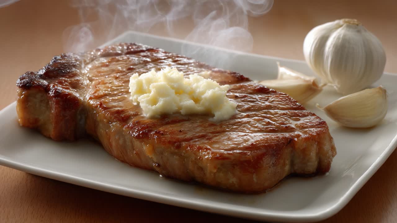 Succulent Steak with Garlic Butter Melting on Top, Surrounded by Fresh Garlic Cloves and Wisps of Steam, Perfectly Cooked and Ready to Savor