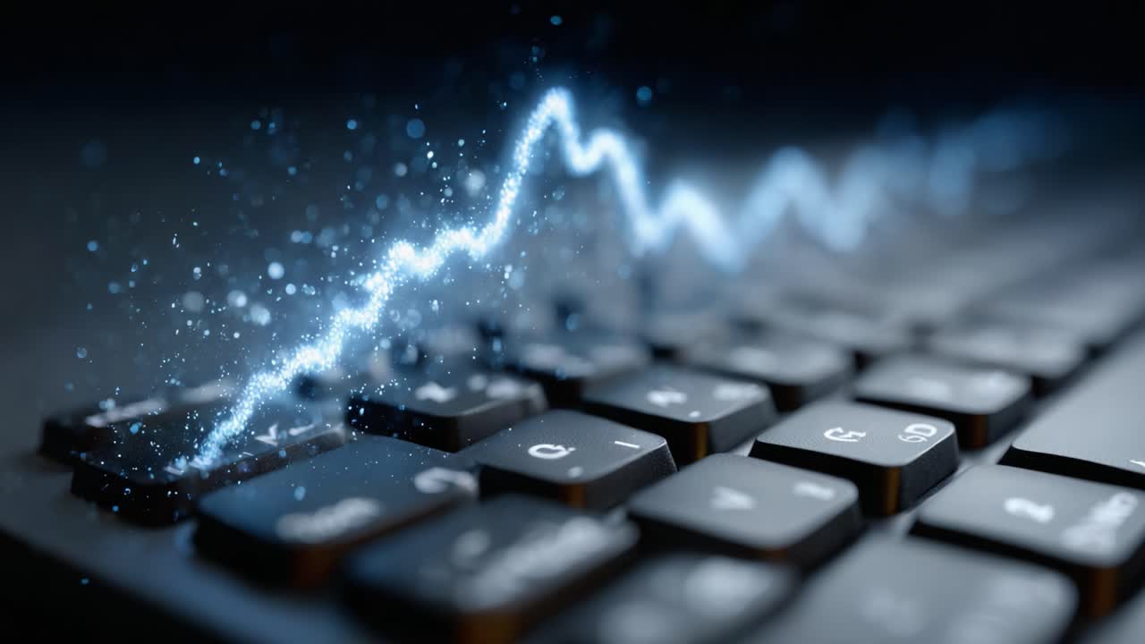 A Close-Up of a Modern Keyboard Highlighted by an Inspiring Graphical Representation of Data Trends Using Bright Light Effects Enhancing the Technology Aesthetic