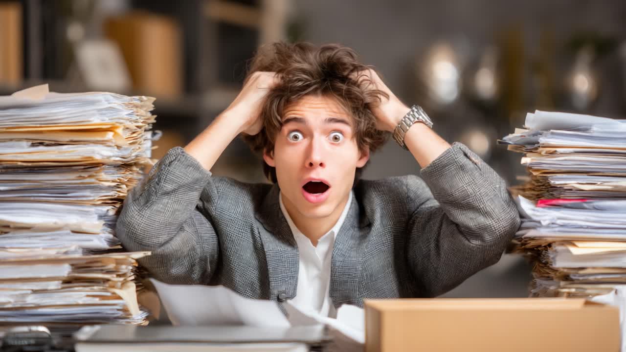 Overwhelmed Office Worker Struggling with Mountains of Paperwork: A Visual Representation of Stress and Chaos in the Workplace Environment