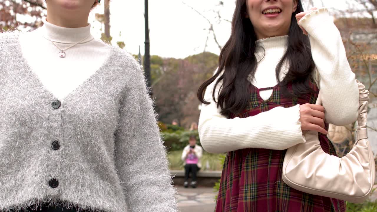 原宿の公園を歩きながら、話したり指をさしたりする若い日本人女性二人。