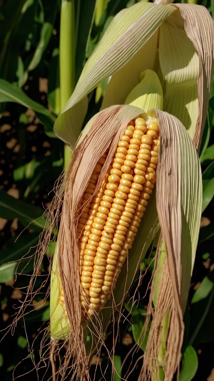 Close-up video of vibrant green corn stalks in a field, captured from a low angle