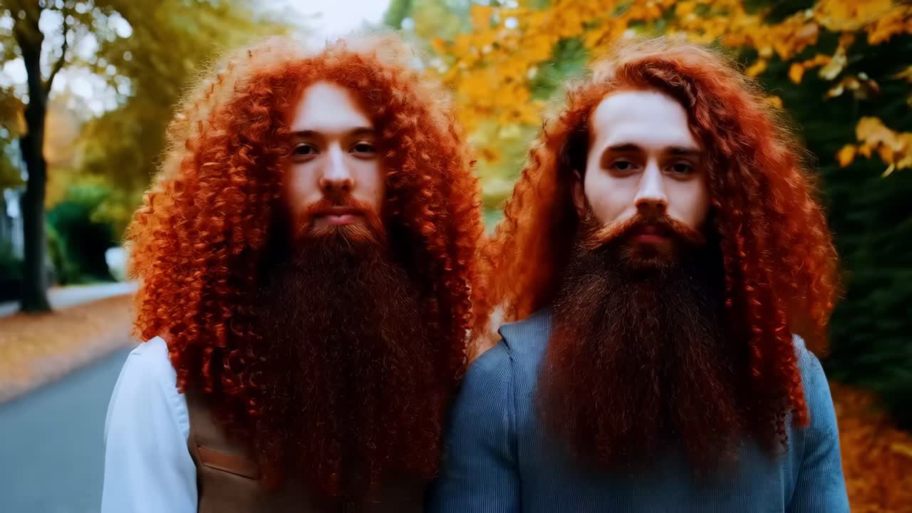 dos hombres con cabello rizado rojo y barba en otoño