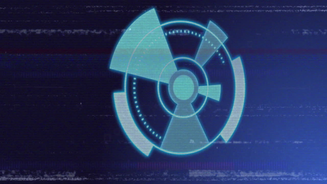 Teal holographic circular HUD glowing and rotating with concentric rings and arcs on dark interface