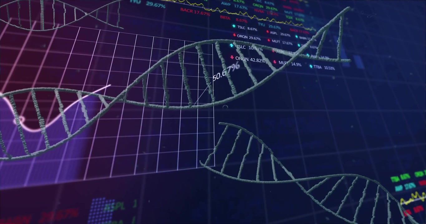Scrolling data initiating DNA helix drifting grid appearing percentage labels rising for analysis