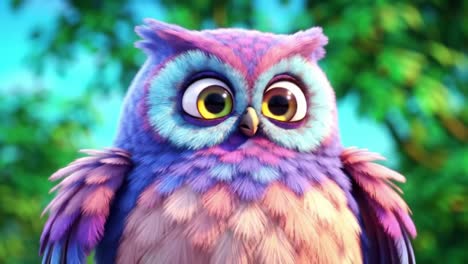 a colorful animated owl exuding joy and curiosity surrounded by lush greenery in a vibrant nature scene, captivating viewers with its playful expressions