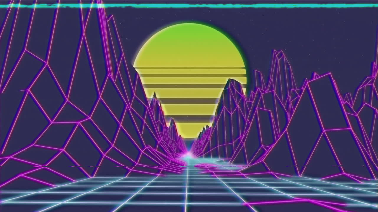 Animation of interference over digital mountains and sun on black background