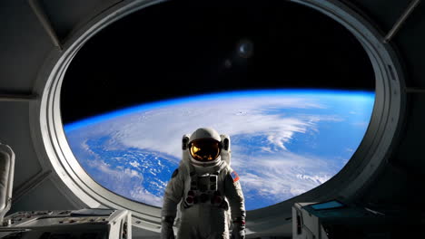 astronaut looking out of a window at earth from space