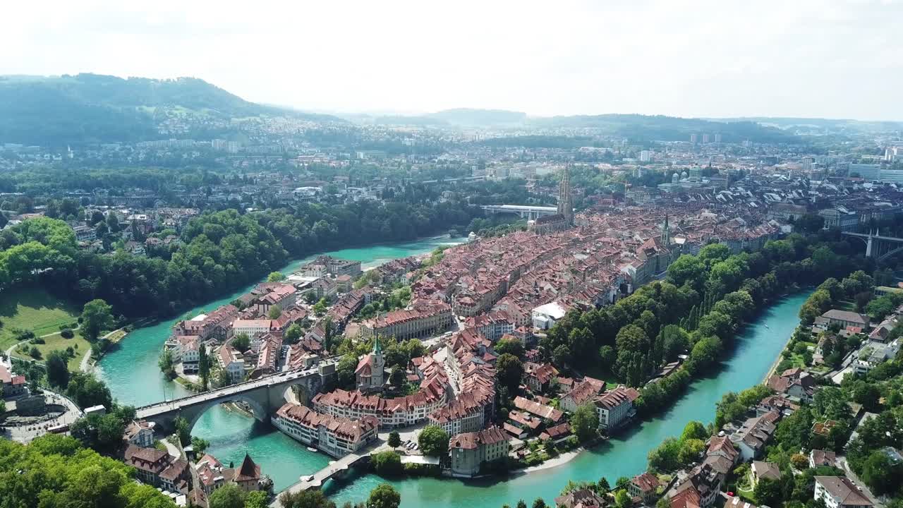 Drone footage of Bern, capital city of Switzerland, with its Beautiful Aare River and its Architecture.