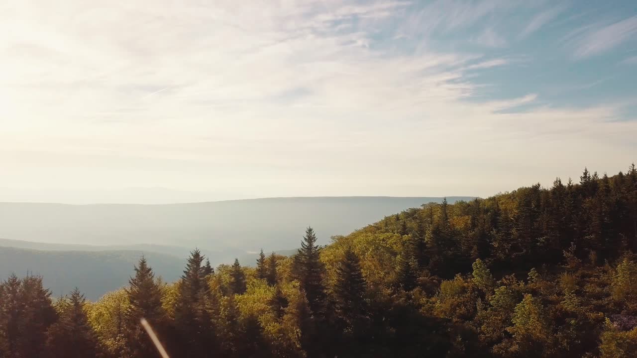 Pemandangan Udara Pegunungan Dengan Pohon Pinus dan Awan. Bidikan Dolly Menyamping. Dolly Sods Sinematik 4K