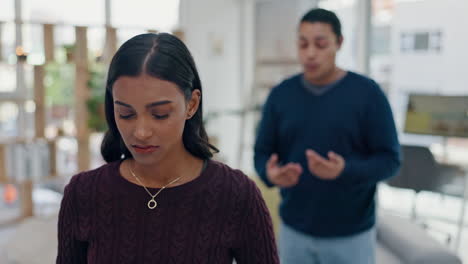 divorce, crisis and couple fight in living room