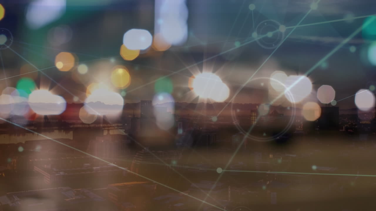 거리에서 는 사람들을 상대로 연결 네트워크와 빛의 점의 애니메이션