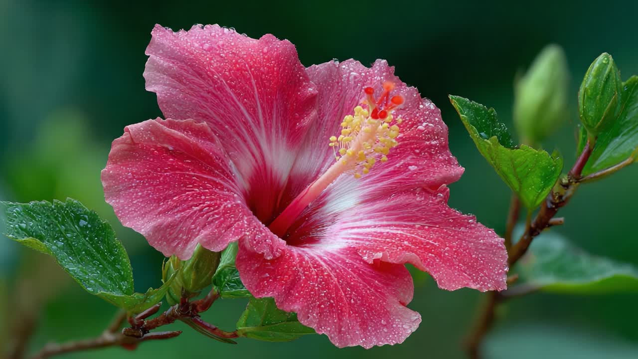 A Vibrant Hibiscus Bloom Glistening with Drops of Water, Showcasing Its Striking Pink Petals and Intricate Center, Surrounded by Lush Green Foliage in Nature's Serenity