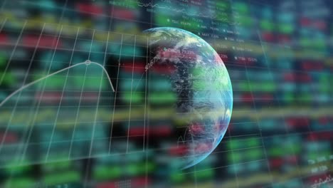 animation of statistical and stock market data processing over globe against blue background