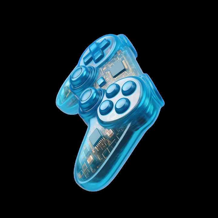 Futuristic Transparent Blue Game Controller with Visible Circuitry Rotating