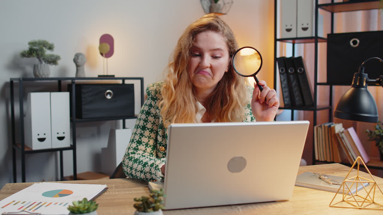 mujer de negocios trabajando en una oficina sosteniendo una lupa mirando la pantalla de su portátil