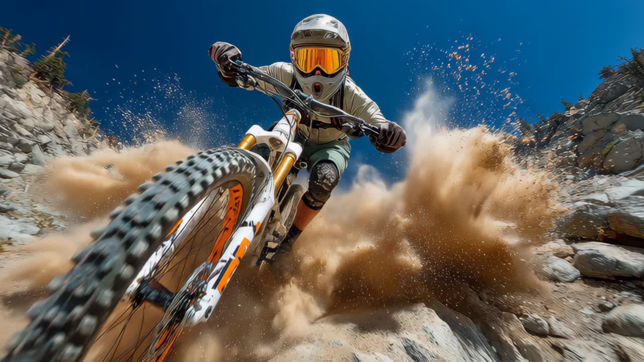 Mountain biker descending rocky trail adrenaline-fueled adventure