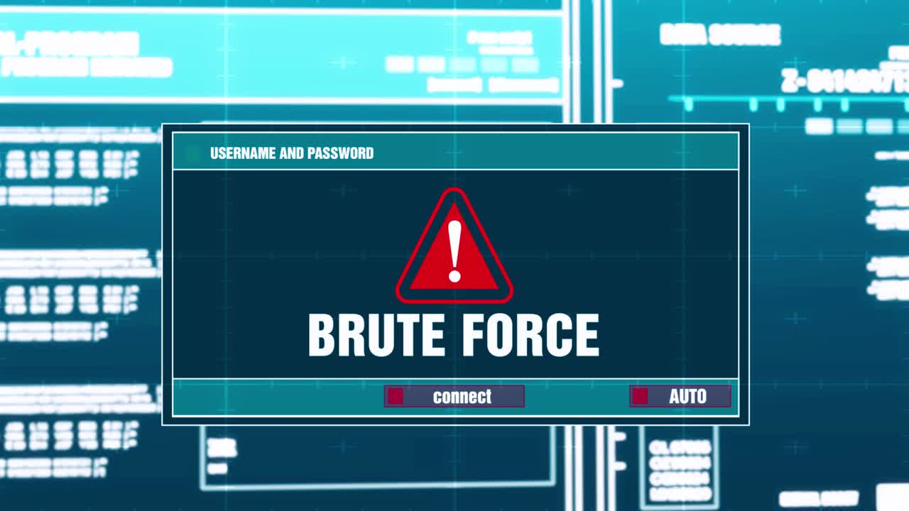 Brute force warning notification generated on digital system security alert error message on