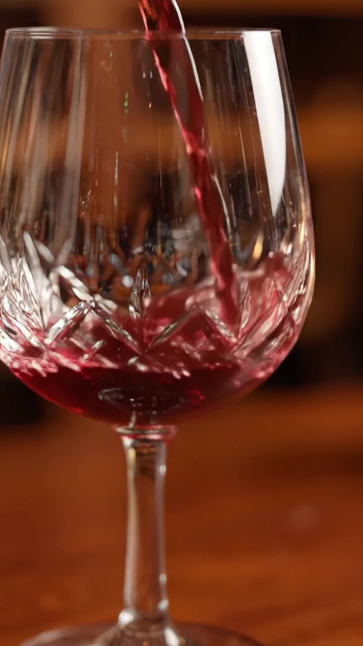 Elegante bicchiere di cristallo finemente lavorato che cattura il momento in cui si versa del pregiato vino rosso, migliorando l'esperienza visiva di lusso e indulgenza ad ogni sorso.