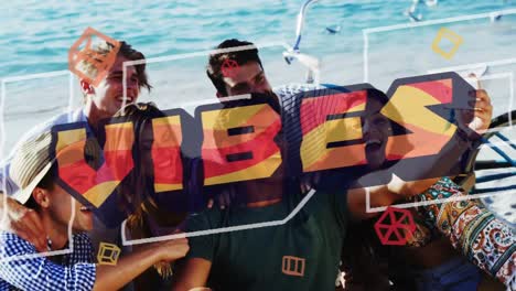 abstract shapes over vibes text against group of friends talking a selfie at the beach