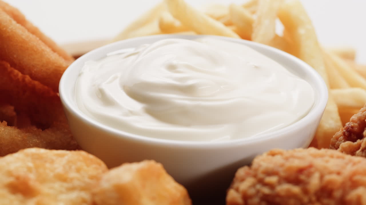 patatas fritas, pollo tierno, anillos de cebolla y salsa