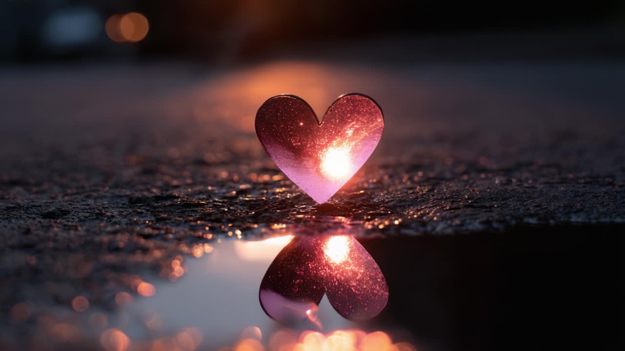 Een prachtige roze hart dat weerspiegelt in een kleine plas op een donkere ondergrond, waarmee de essentie van liefde en schoonheid wordt vastgelegd in een serene schemeromgeving