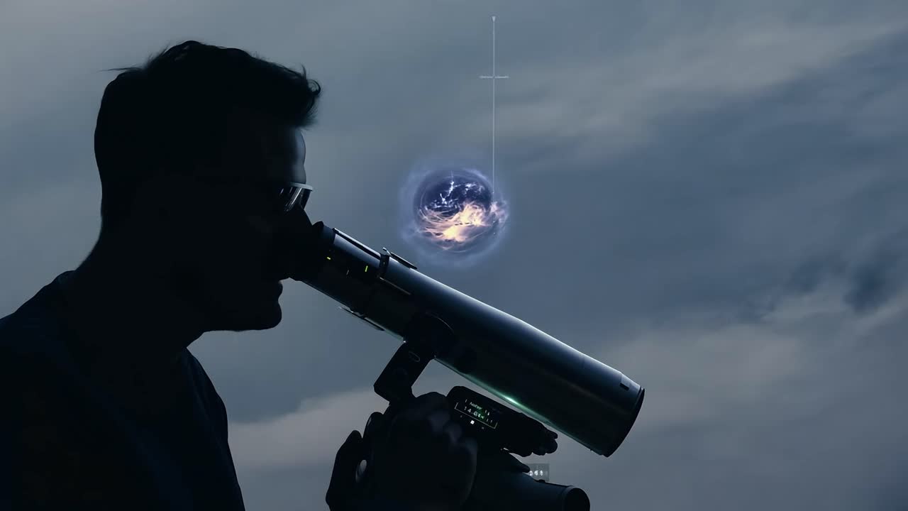 un hombre mira a través de un telescopio al cielo nocturno, observando una esfera brillante que podría ser un planeta o un concepto abstracto.