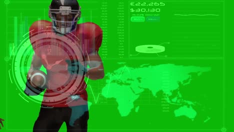 Animation-Eines-Grünen-Digitalen-Bildschirms-Mit-Uhr-über-Verschiedenen-Männlichen-American-Football-Spielern