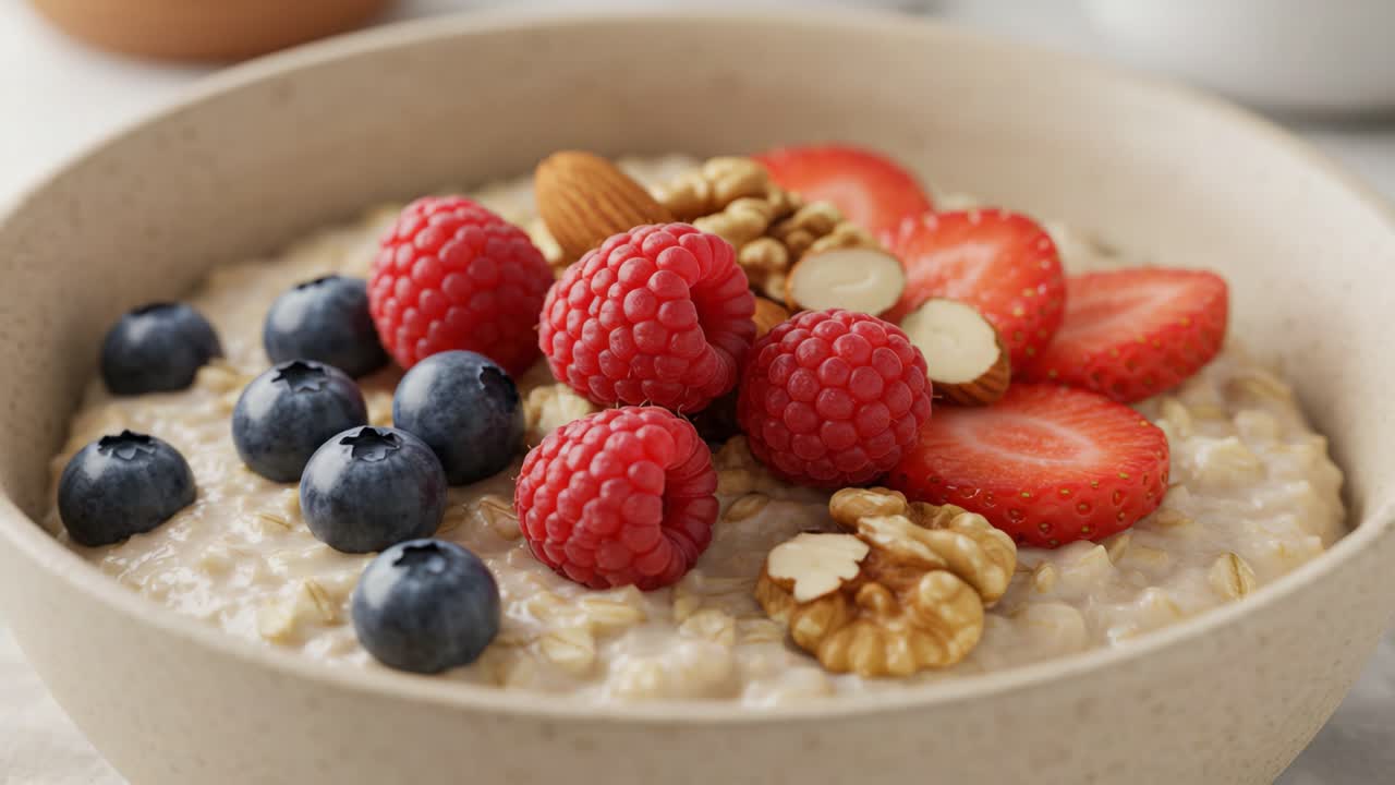 A Delicious Bowl of Oatmeal Topped with Fresh Berries, Almonds, and Walnuts, Perfect for a Healthy Breakfast or Snack Any Time of Day
