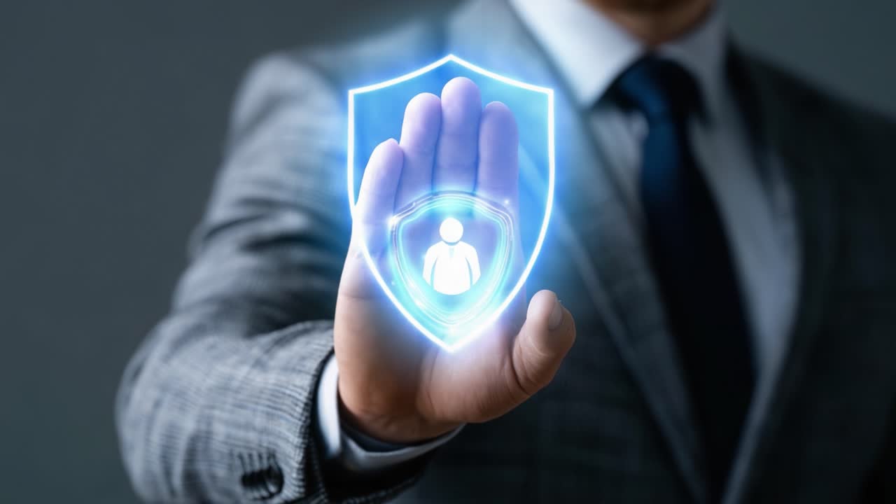 A professional individual displays a digital shield icon, symbolizing security and protection in a corporate environment, highlighting the importance of personal and data security