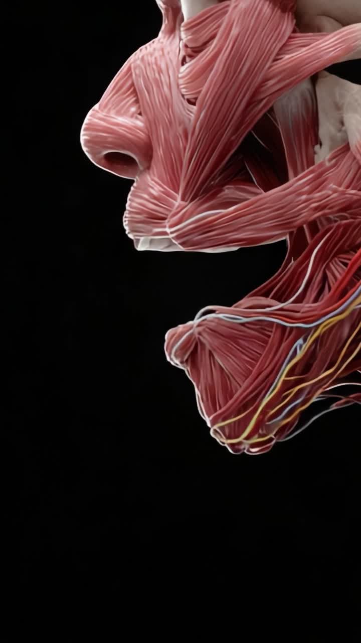 Uno studio intricato della muscolatura facciale umana che mostra una rappresentazione dettagliata delle strutture muscolari e la loro connessione alle espressioni su uno sfondo scuro.